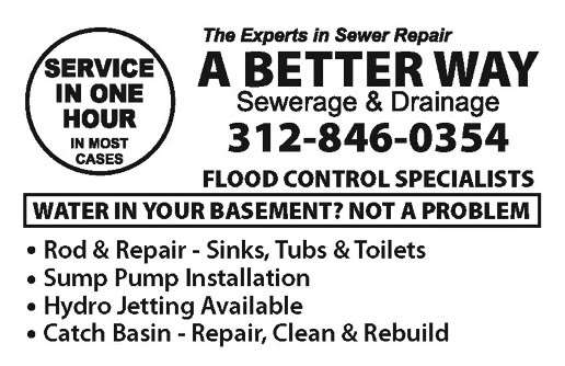 A Better Way Sewerage & Drainage business card — 312-846-0354, flood control specialists, service in one hour in most cases